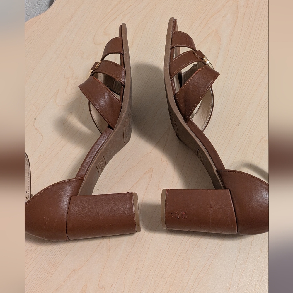 Jones New York Brown Leather Block Heel Sandals with Gold Accent - Picture 8 of 8